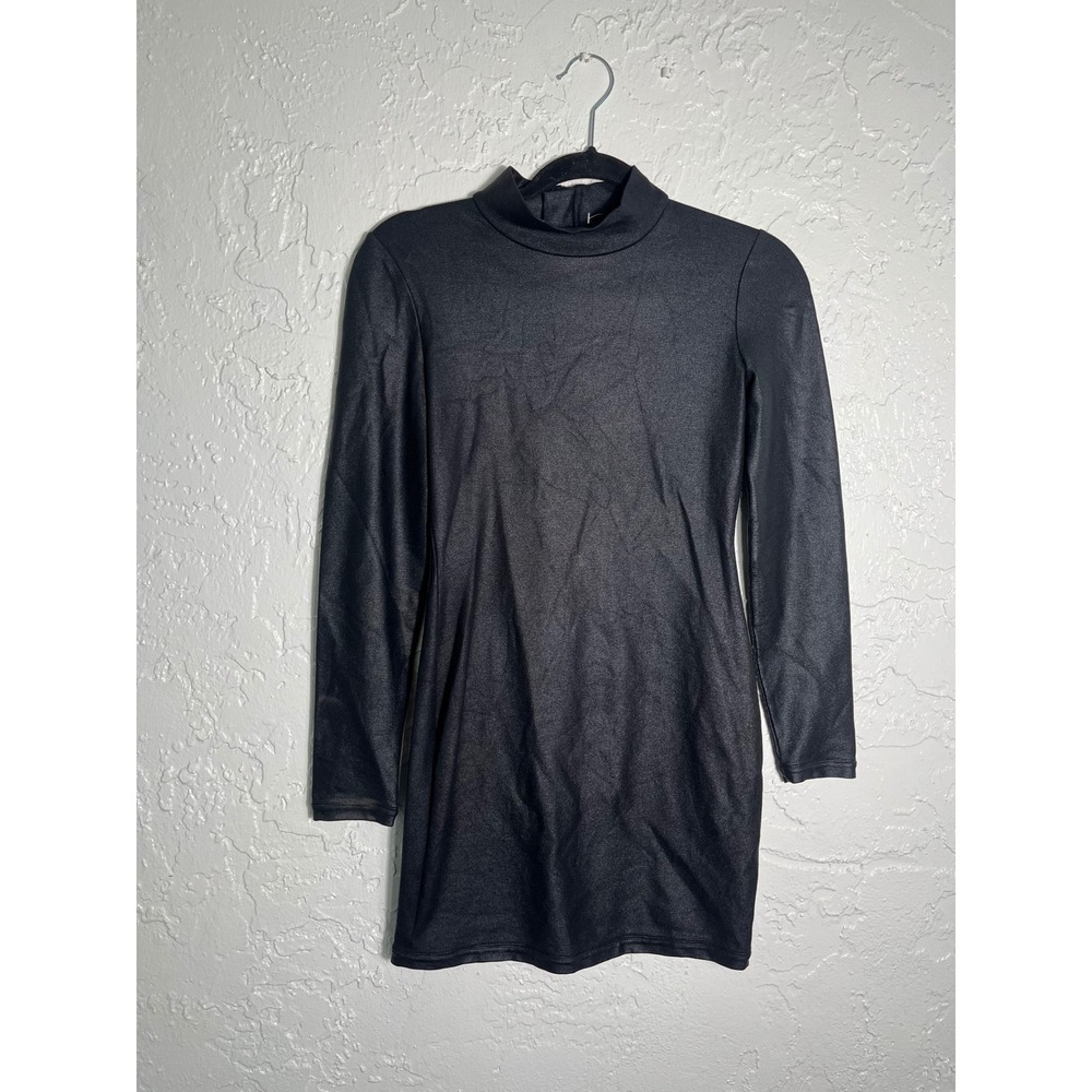 French Connection Women's US 2 Black‎ Metallic Mock Neck Long Sleeve Mini Dress